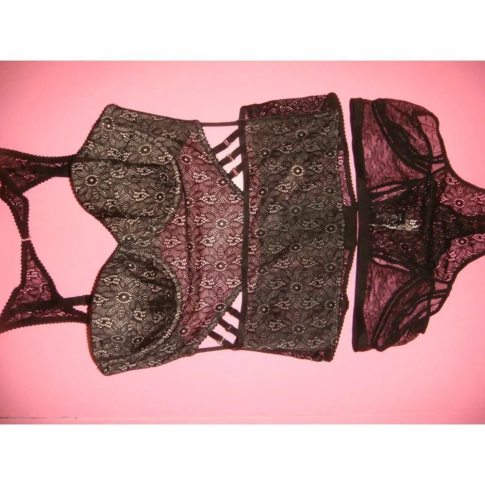 Victoria's Secret unlined 36C BRA SET+M+CORSET bustier Black floral lace strappy - Picture 2 of 7